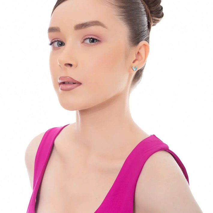 Oxzen γυναικείο σκουλαρίκι ατσάλινο καρφωτό καρδούλα με γαλάζιο σμάλτο