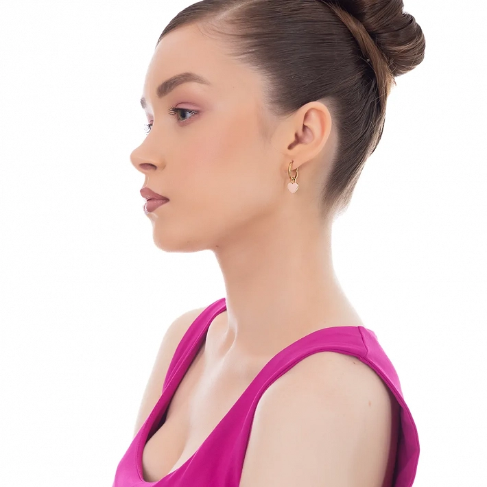 Oxzen γυναικείο σκουλαρίκι ατσάλινο με κρεμαστή ροζ καρδούλα