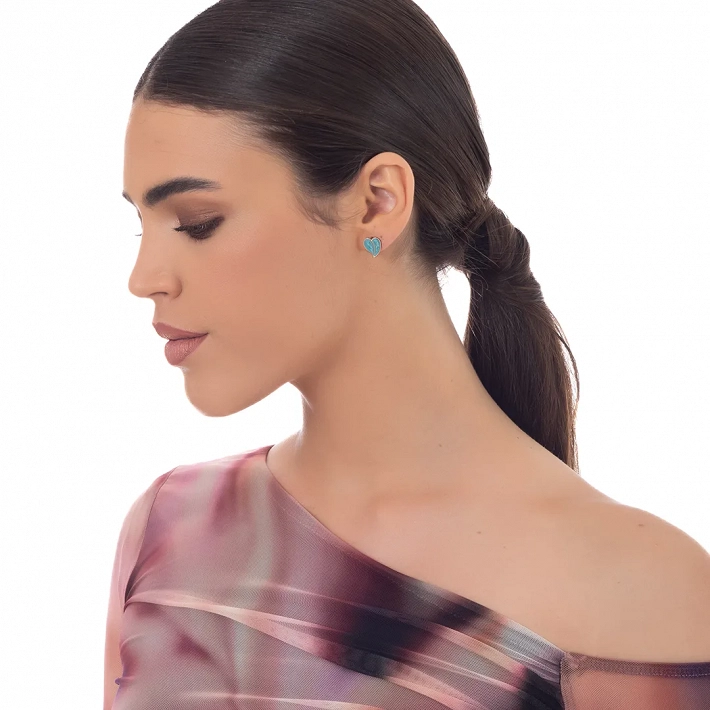 Oxzen γυναικείο σκουλαρίκι ατσάλινο καρδούλα με γαλάζιο σμάλτο