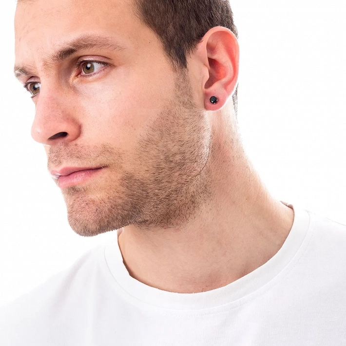 Σκουλαρίκι ανδρικό από ανοξείδωτο ατσάλι με στρογγυλή μαύρη πέτρα ζιργκόν 3mm