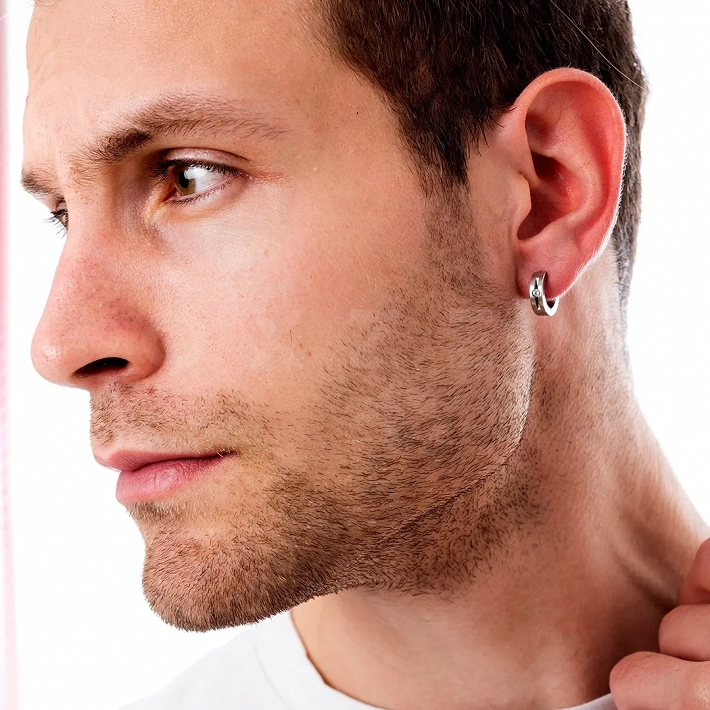 Σκουλαρίκι ανδρικό από ανοξείδωτο ατσάλι, κρίκος 10mm με λευκό ζιργκόν