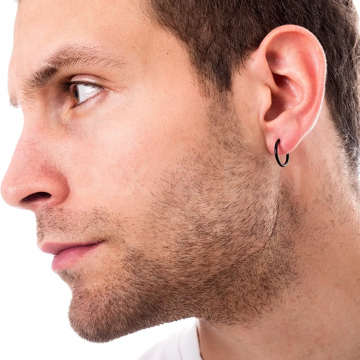 Σκουλαρίκι ανδρικό από ανοξείδωτο ατσάλι, μαύρο κρικάκι (1.6 x 10)mm