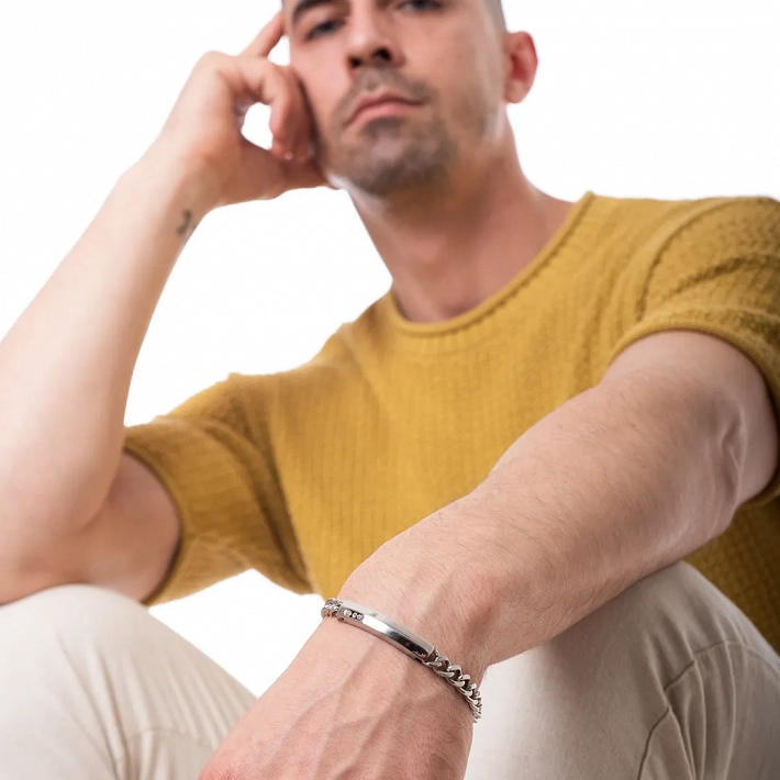 Oxzen ανδρικό βραχιόλι ατσάλινο, ταυτότητα με λευκά ζιργκόν