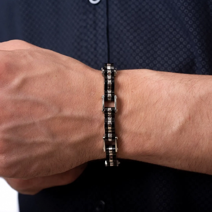 Oxzen ανδρικό βραχιόλι ατσάλινο ασημί με μαύρο