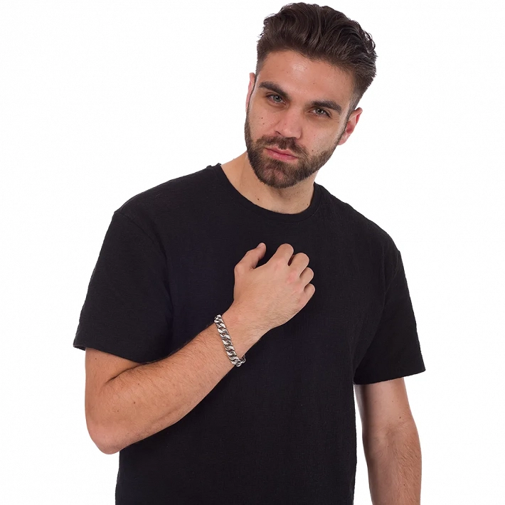 Oxzen CUBAN BRACELET SILVER 12mm βραχιόλι με λευκά ζιργκόν