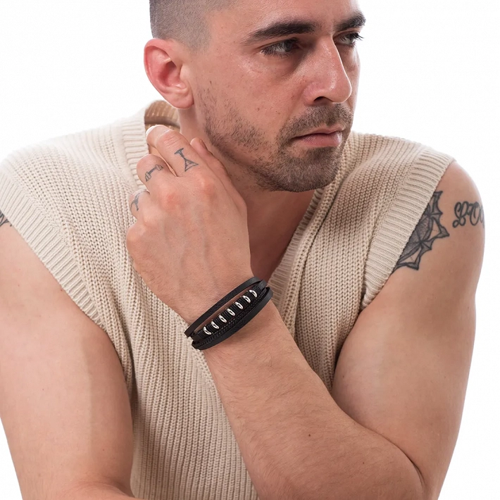 Oxzen ανδρικό βραχιόλι με δέρμα μαύρο και ανοξείδωτο ατσάλι