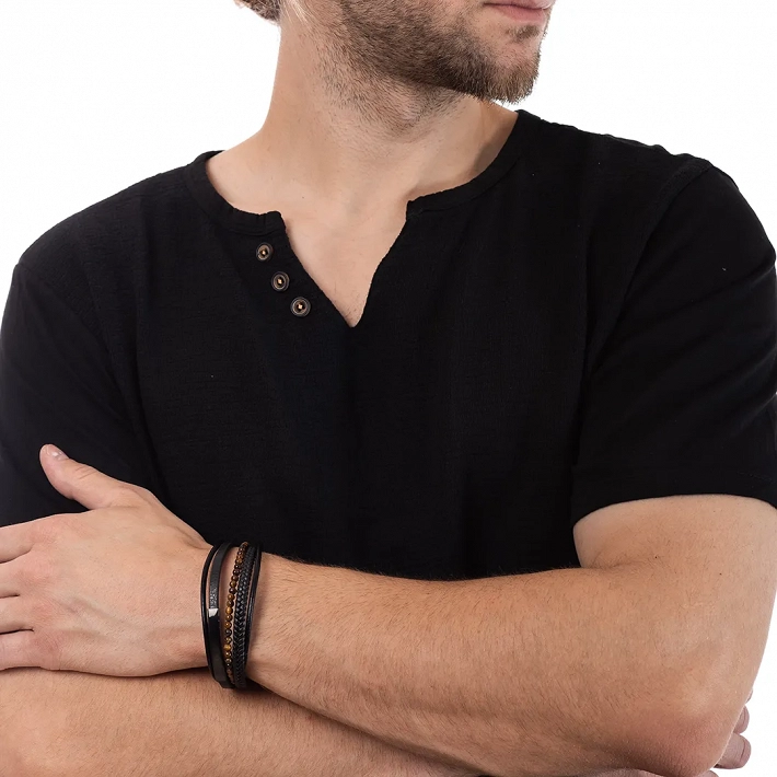 Oxzen δερμάτινο ανδρικό βραχιόλι ατσάλινο μαύρο με πέτρες μάτι της τίγρης
