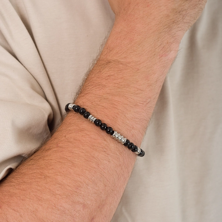 Oxzen ανδρικό βραχιόλι από ανοξείδωτο ατσάλι με μαύρες πέτρες αχάτη