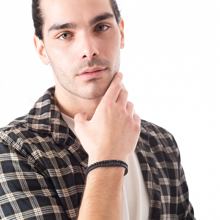 Oxzen ανδρικό βραχιόλι ατσάλινο διπλό με δέρμα και ορυκτές πέτρες