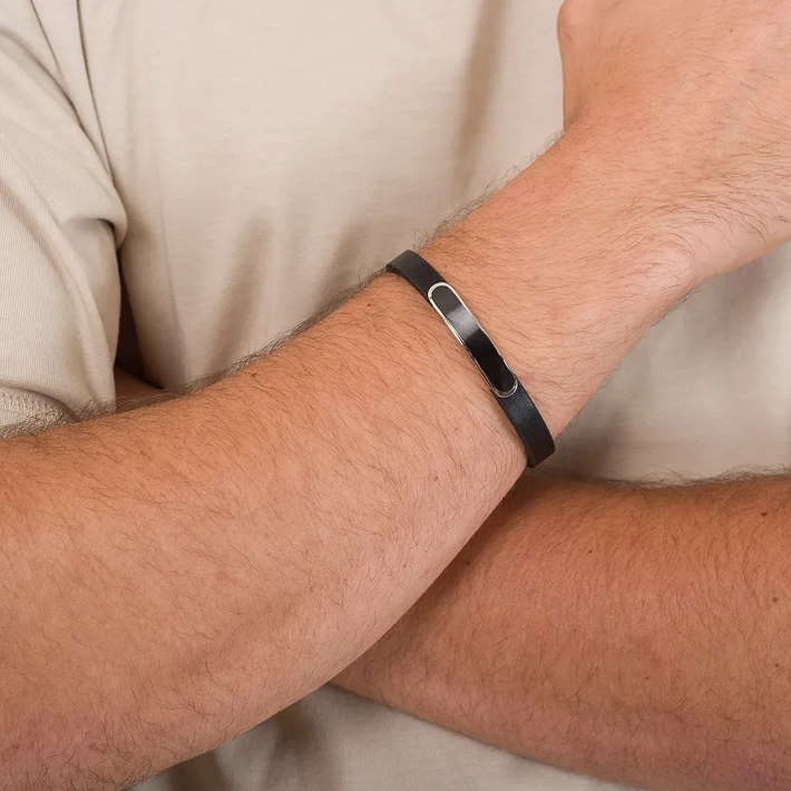 Oxzen βραχιόλι ανδρικό ατσάλινο με δέρμα ταυτότητα