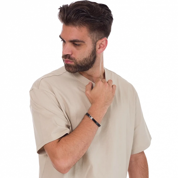 Oxzen βραχιόλι ανδρικό ατσάλινο με δέρμα ταυτότητα