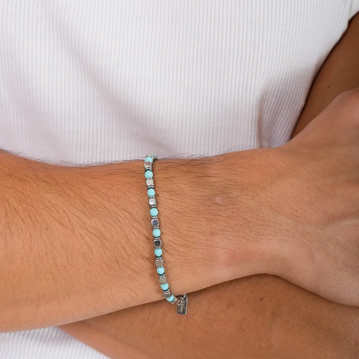 Oxzen Unisex βραχιόλι από ανοξείδωτο ατσάλι με τυρκουάζ ορυκτές πέτρες