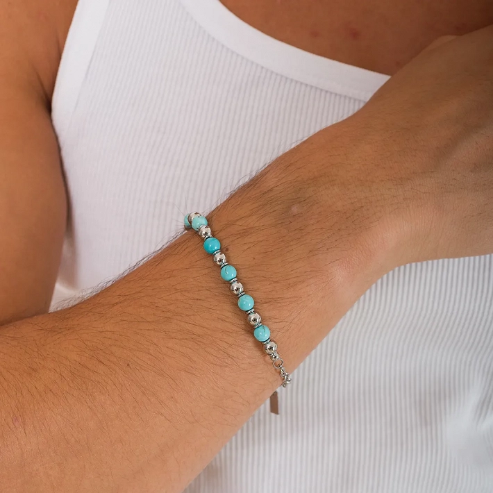 Oxzen Unisex βραχιόλι από ανοξείδωτο ατσάλι με τυρκουάζ ορυκτές πέτρες