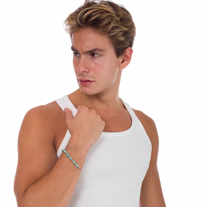 Oxzen Unisex βραχιόλι από ανοξείδωτο ατσάλι με τυρκουάζ ορυκτές πέτρες