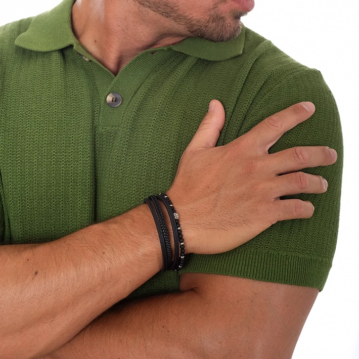 Oxzen ανδρικό βραχιόλι ατσάλινο με δέρμα τέσσερις σειρές