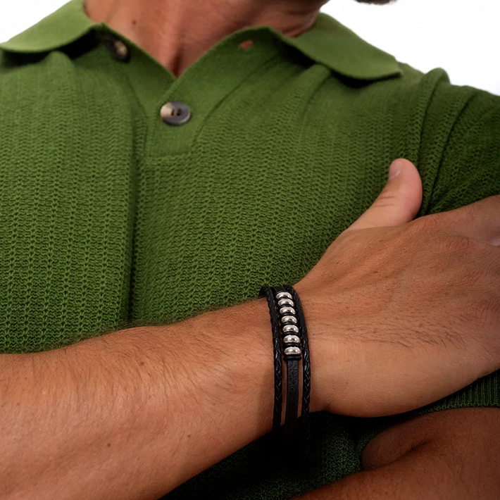 Oxzen ανδρικό βραχιόλι ατσάλινο με δέρμα, τρεις σειρές