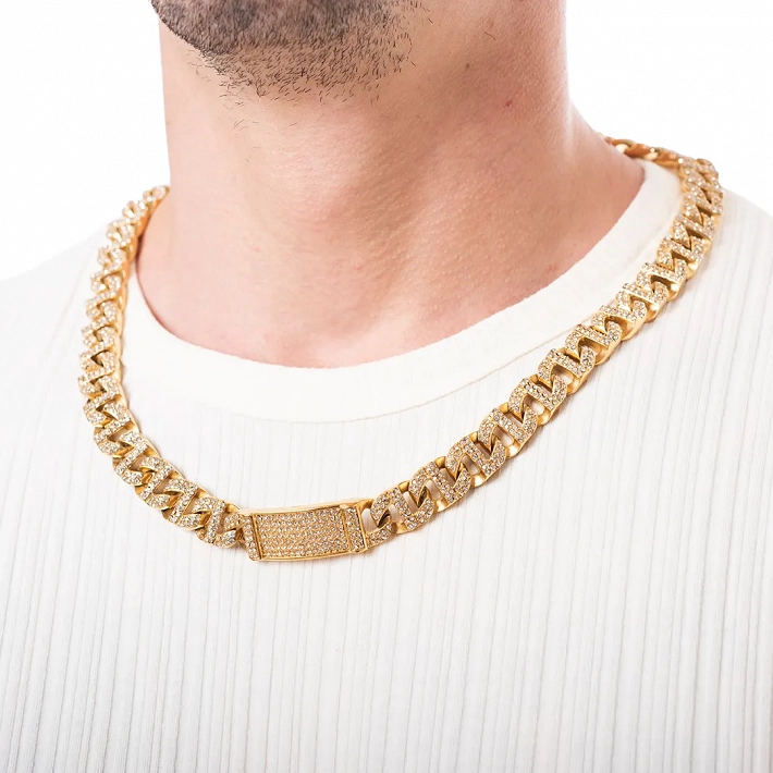 Oxzen Cuban Link Iced-Out αλυσίδα unisex ατσάλινη 1,3cm ταυτότητα γεμάτη ζιργκόν