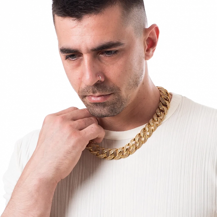 Oxzen Cuban Link Iced-Out αλυσίδα unisex ατσάλινη με πλάτος 2cm γεμάτη ζιργκόν