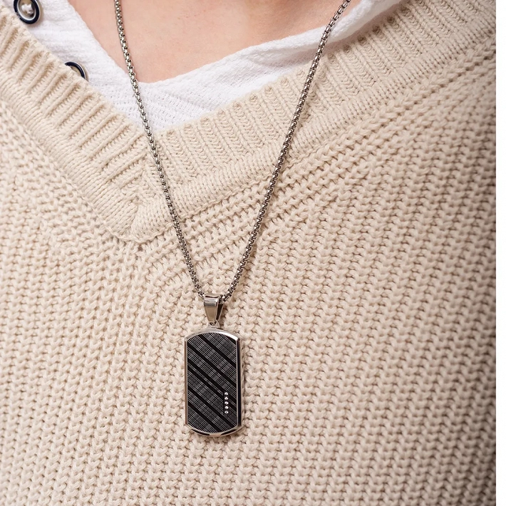 Oxzen ανδρικό κολιέ από ανοξείδωτο ατσάλι πλακέτα με λευκά ζιργκόν