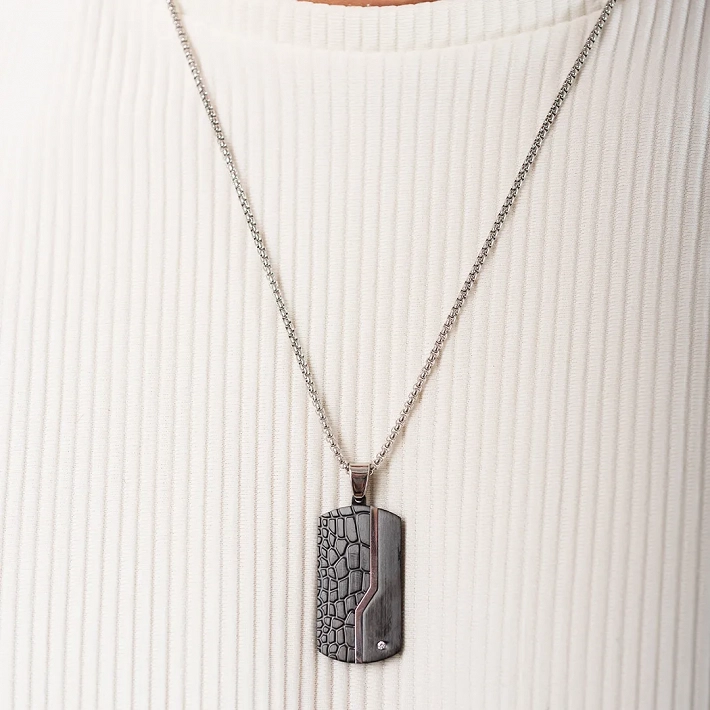 Oxzen ανδρικό κολιέ από ανοξείδωτο ατσάλι πλακέτα μαύρη με λευκό ζιργκόν