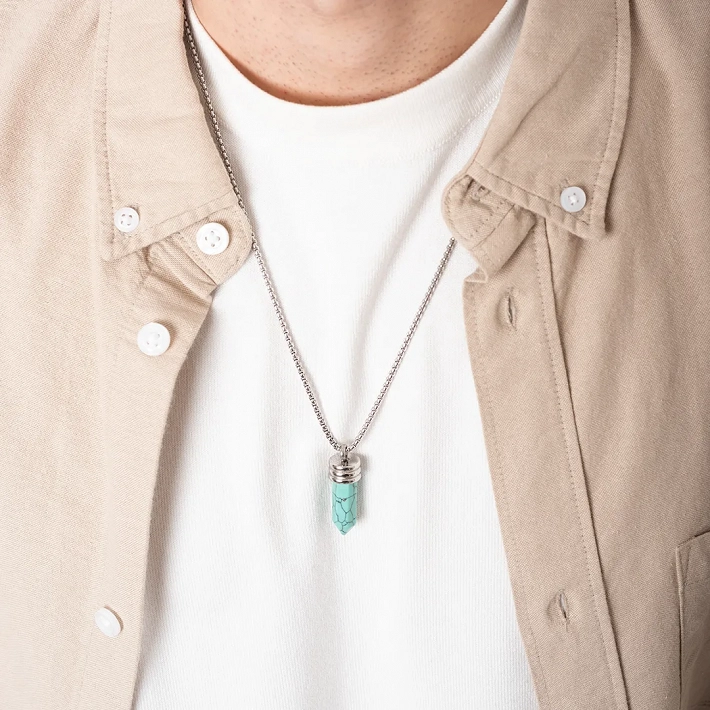 Oxzen ανδρικό κολιέ ατσάλινο με ορυκτή πέτρα