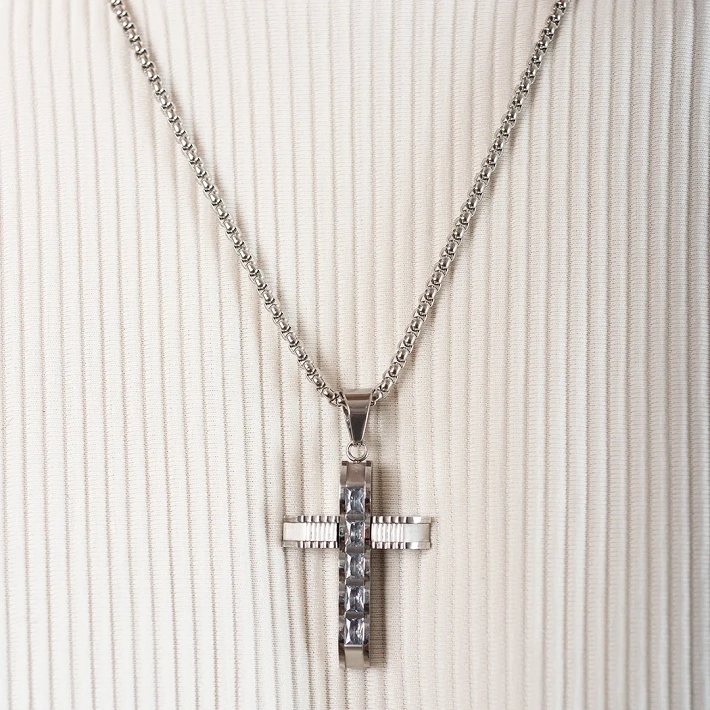 Oxzen σταυρός ατσάλινος, μεγάλος με τετράγωνες πέτρες ζιργκόν