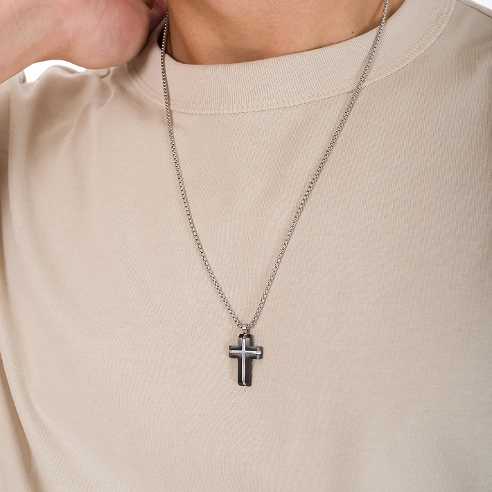 Oxzen ανδρικός σταυρός με αλυσίδα από ανοξείδωτο ατσάλι σε ασημί και μαύρο