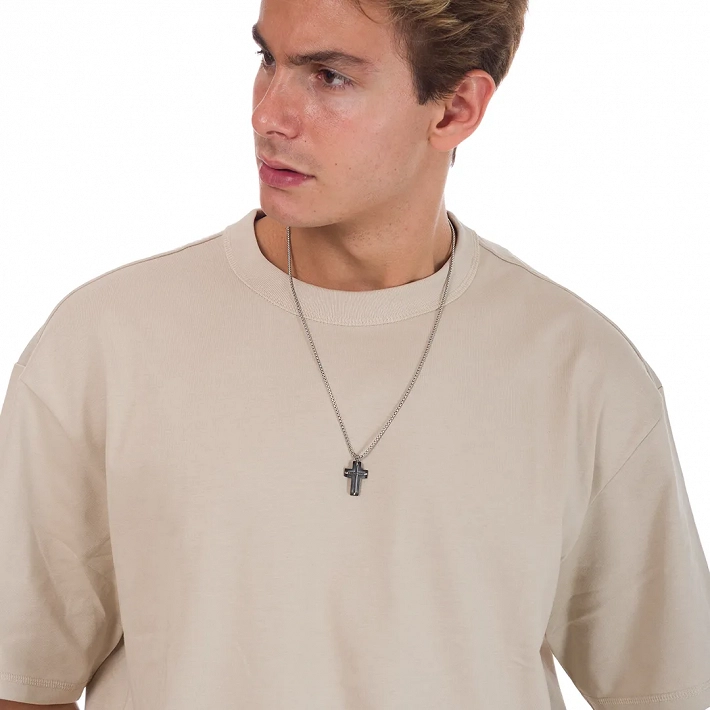 Oxzen ανδρικός σταυρός με αλυσίδα από ανοξείδωτο ατσάλι σε ασημί και μαύρο