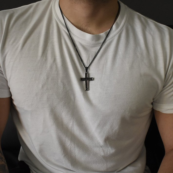 Κολιέ σταυρός ατσάλι με αλυσίδα μαύρη