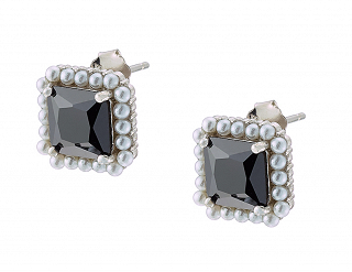 Oxzen σκουλαρίκια καρφωτά ασημένια τετράγωνο με περλίτσες και μαύρο ζιργκόν