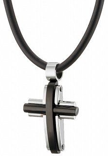 Κολιέ σταυρός ατσάλι ανδρικός σε ασημί με μαύρο με καουτσούκ