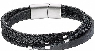 Βραχιόλι ατσάλινο με μαύρο δέρμα τριπλό