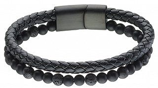 Βραχιόλι ατσάλινο με μαύρο δέρμα και πέτρες λάβας