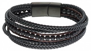 Βραχιόλι ατσάλινο με μαύρο δέρμα πενταπλό και πέτρες λάβας