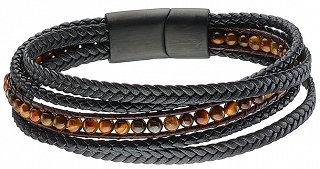 Βραχιόλι ατσάλινο με μαύρο δέρμα πενταπλό και πέτρες μάτι τίγρης