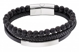 Βραχιόλι ανδρικό ατσάλι με δέρμα τριπλό με ορυκτές πέτρες λάβα