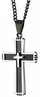 Κολιέ σταυρός ατσάλι με αλυσίδα μαύρη
