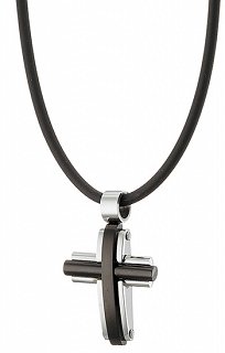 Κολιέ σταυρός ατσάλι ανδρικός σε ασημί με μαύρο με καουτσούκ