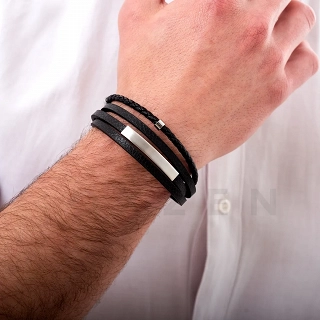 Βραχιόλι ατσάλινο με μαύρο δέρμα τριπλό