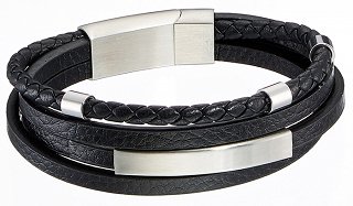 Βραχιόλι ατσάλινο με μαύρο δέρμα τριπλό
