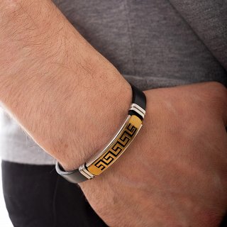 Βραχιόλι ατσάλινο με δέρμα PU χρυσό με μαίανδρο