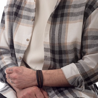 Βραχιόλι ατσάλινο με μαύρο δέρμα πενταπλό και πέτρες μάτι τίγρης