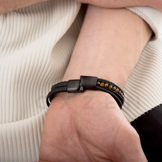 Βραχιόλι ατσάλινο με μαύρο δέρμα πενταπλό και πέτρες μάτι τίγρης