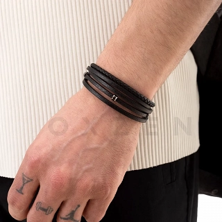 Βραχιόλι ατσάλινο με δέρμα μαύρο πενταπλό