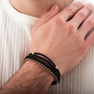 Βραχιόλι ατσάλινο επιχρυσωμένο με δέρμα μαύρο τριπλό