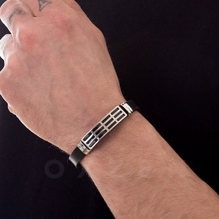 Βραχιόλι ατσάλινο με δέρμα PU ταυτότητα ασημί με μαύρο