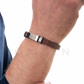 Βραχιόλι ατσάλινο με δέρμα PU ταυτότητα με καφέ δέρμα