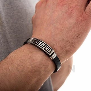 Βραχιόλι ατσάλινο με δέρμα PU ταυτότητα με μαίανδρο