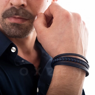 Βραχιόλι ανδρικό ατσάλινο με δέρμα πενταπλό μπλέ σκούρο