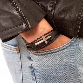 Βραχιόλι ανδρικό ατσάλινο με δέρμα τετραπλό με σταυρό